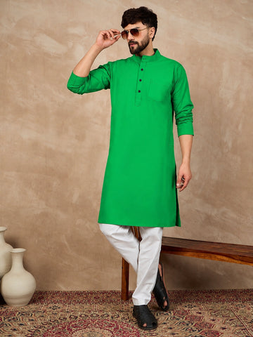 Men's Green Solid Kurta with White Pajama Set For Men