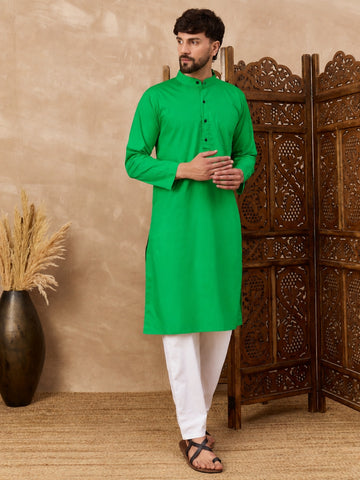 Men's Green Solid Kurta with White Pajama Set For Men