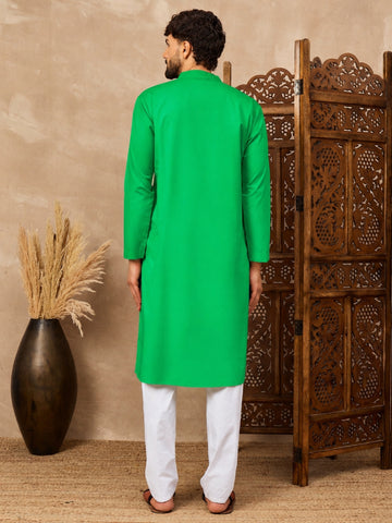 Men's Green Solid Kurta with White Pajama Set For Men
