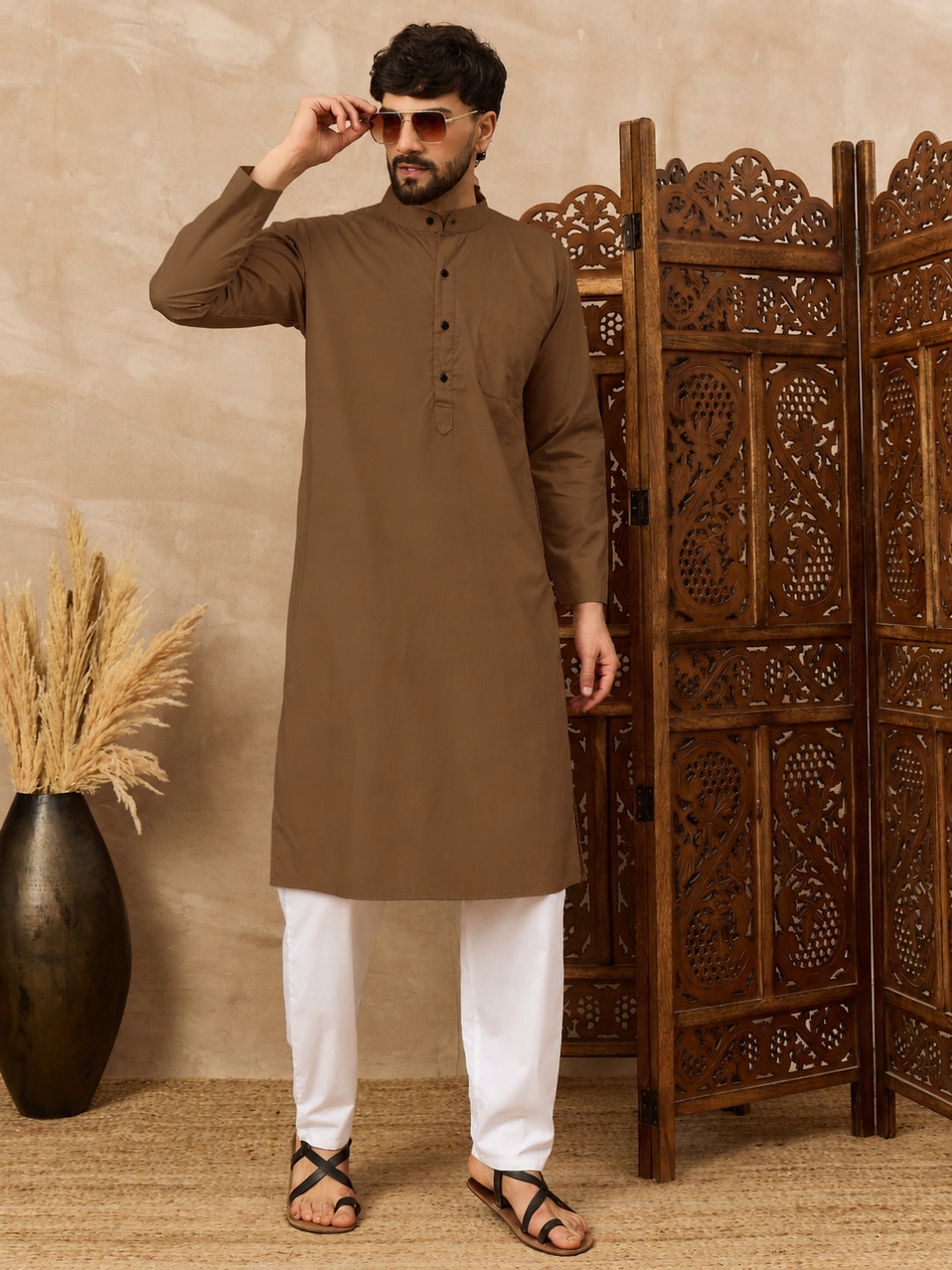 Men's Oat (Khaki) Kurta with White Pajama Set For Men