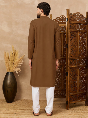 Men's Oat (Khaki) Kurta with White Pajama Set For Men