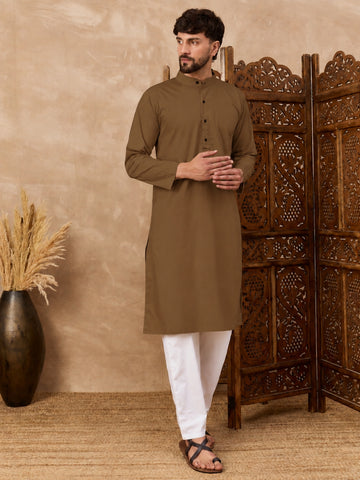 Men's Oat (Khaki) Kurta with White Pajama Set For Men