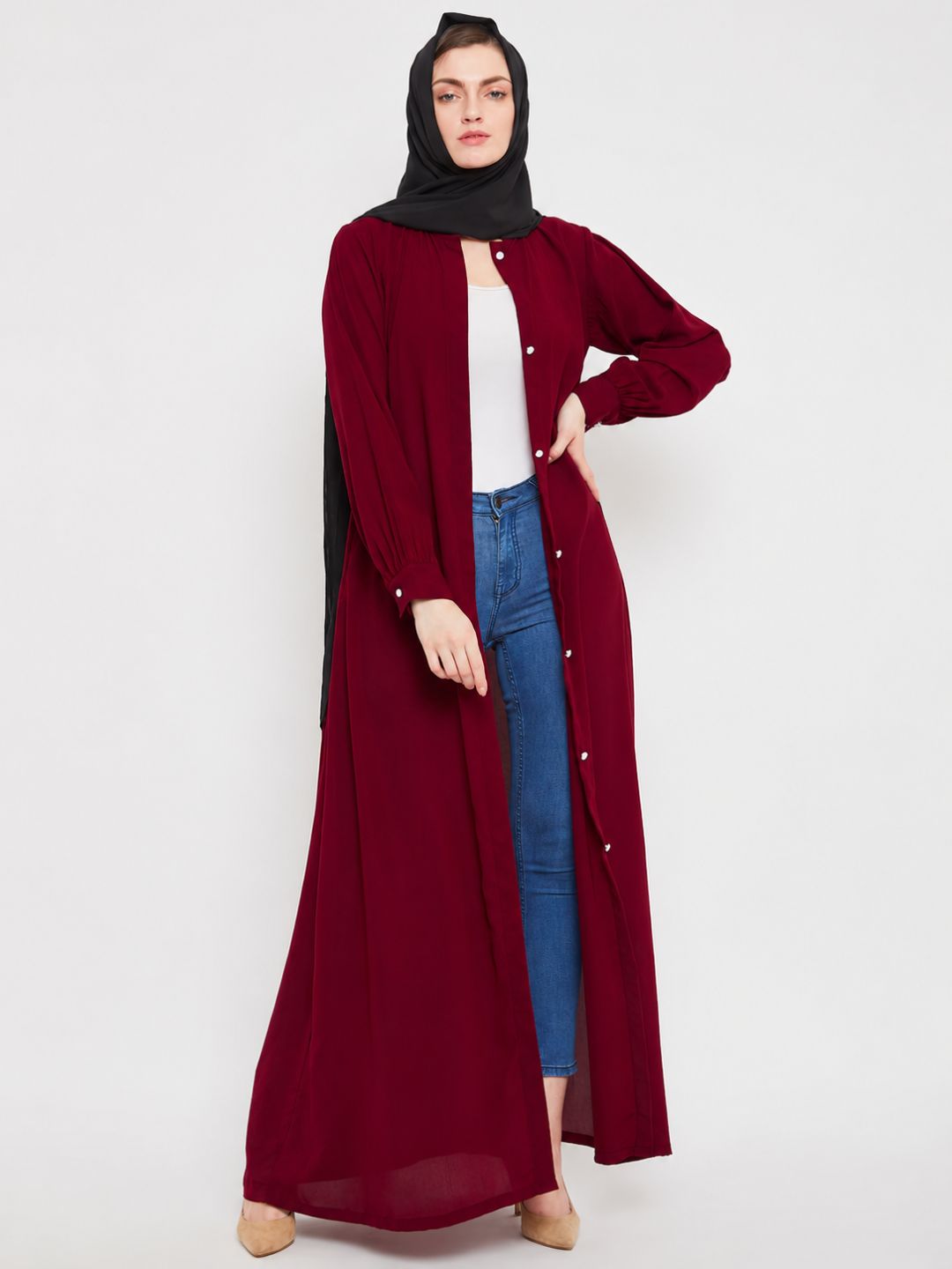 Nabia Maroon Front Open Abaya with Georgette Scarf