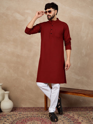 Men's Maroon Solid Kurta with White Pajama Set For Men