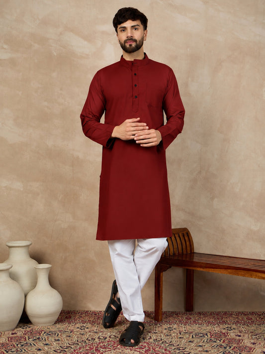 Men's Maroon Solid Kurta with White Pajama Set For Men
