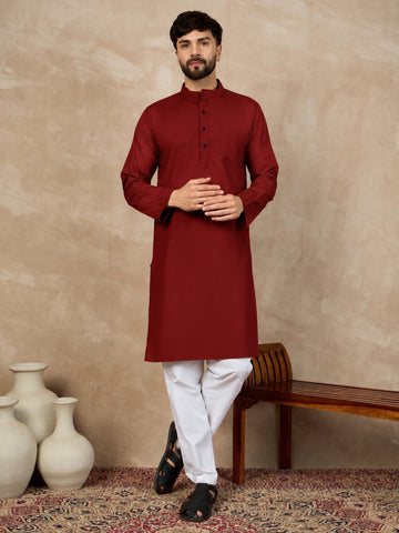 Men's Maroon Solid Kurta with White Pajama Set For Men
