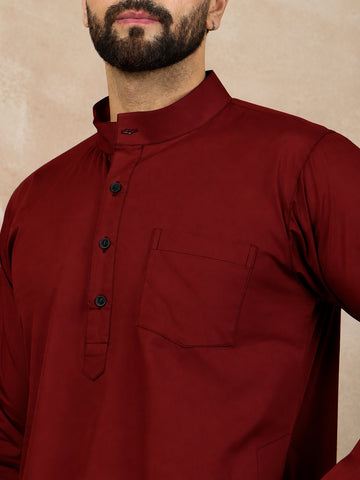 Men's Maroon Solid Kurta with White Pajama Set For Men