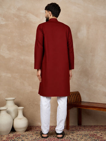 Men's Maroon Solid Kurta with White Pajama Set For Men