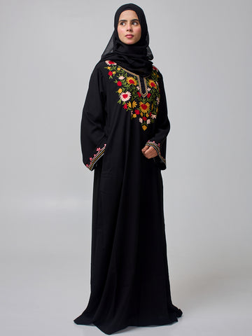 Modest Embroidered Black Abaya for Women with Black Hijab