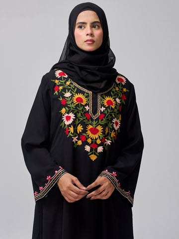 Modest Embroidered Black Abaya for Women with Black Hijab