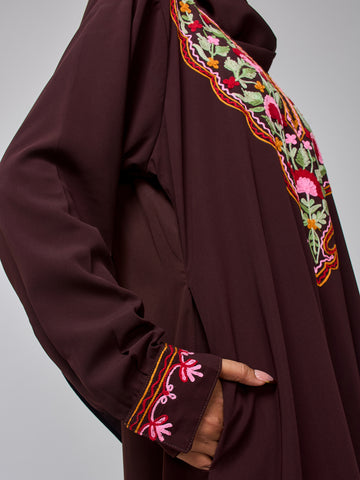 Modest Embroidered Brown Abaya for Women with Matching Hijab