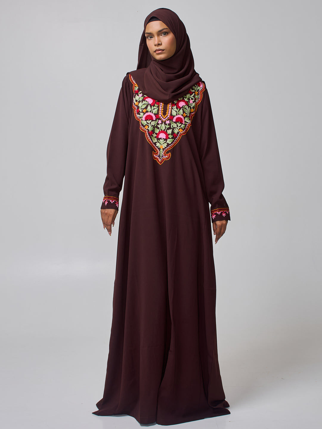 Modest Embroidered Brown Abaya for Women with Matching Hijab