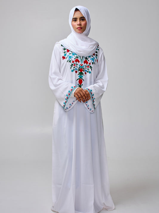 Modest Embroidered White Abaya for Women with Matching Hijab