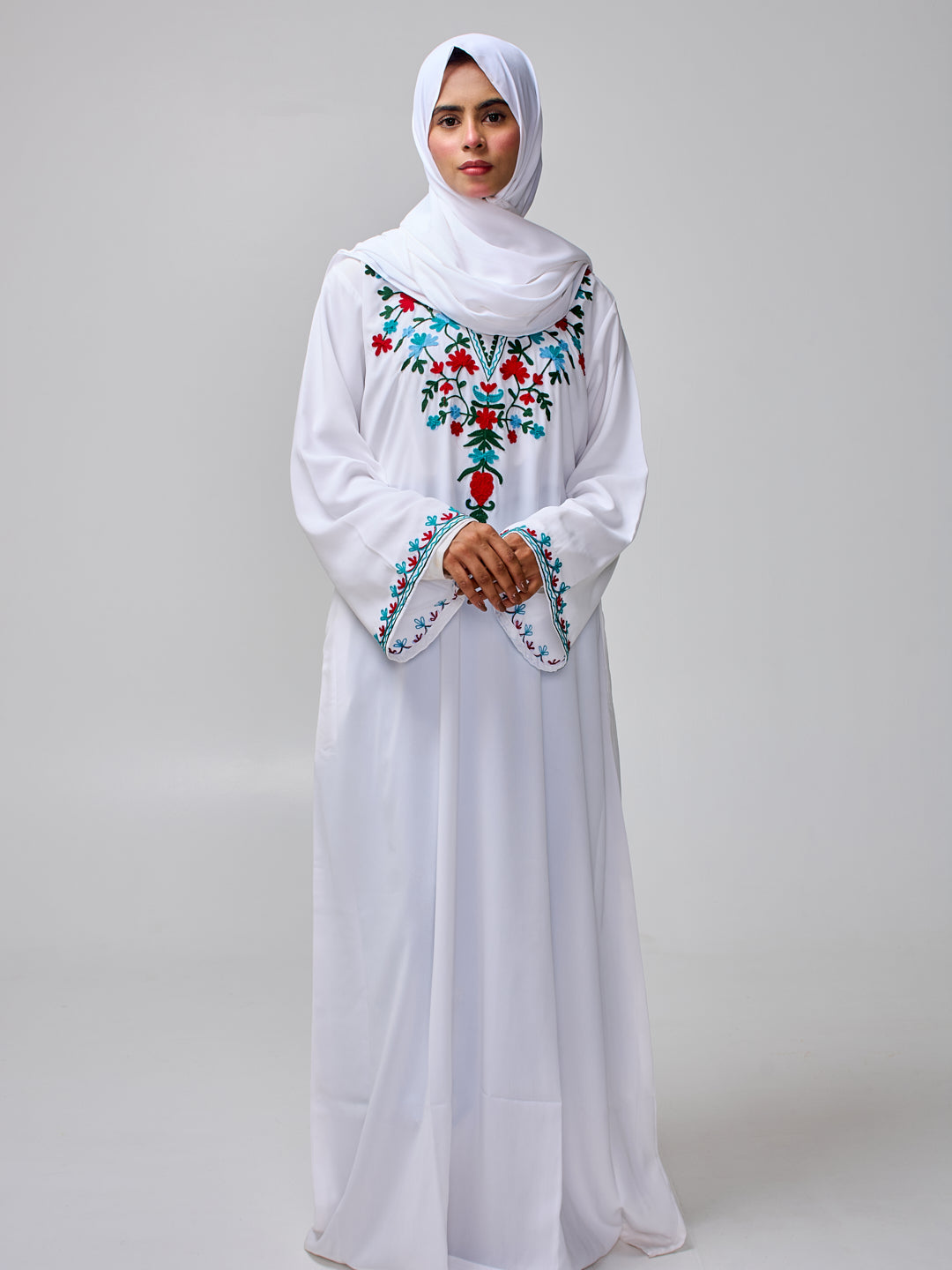 Modest Embroidered White Abaya for Women with Matching Hijab