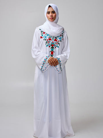 Modest Embroidered White Abaya for Women with Matching Hijab