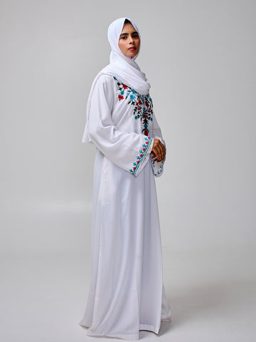 Modest Embroidered White Abaya for Women with Matching Hijab