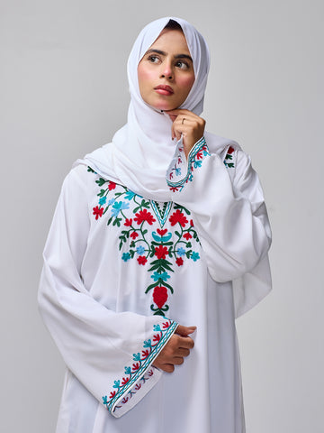 Modest Embroidered White Abaya for Women with Matching Hijab