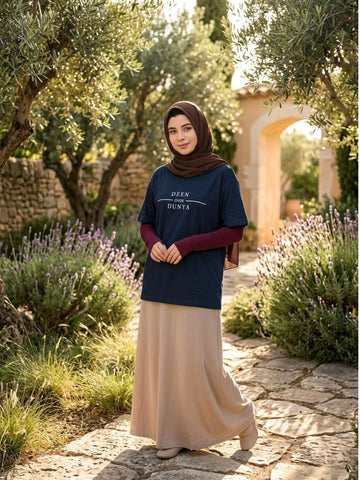 Modest Deen Over Dunya Navy Blue T-Shirt for Women