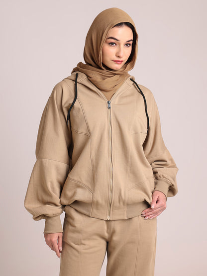 Women’s Beige Hooded Fleece Co-Ord – Modest Winter Wear Set
