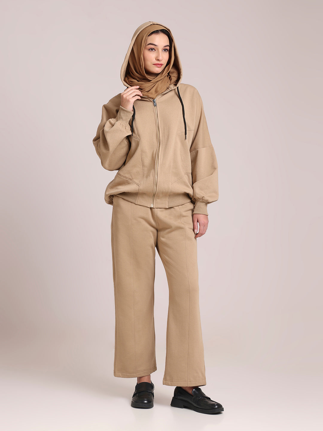 Women’s Beige Hooded Fleece Co-Ord – Modest Winter Wear Set