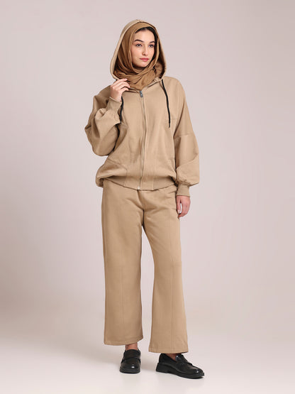 Women’s Beige Hooded Fleece Co-Ord – Modest Winter Wear Set
