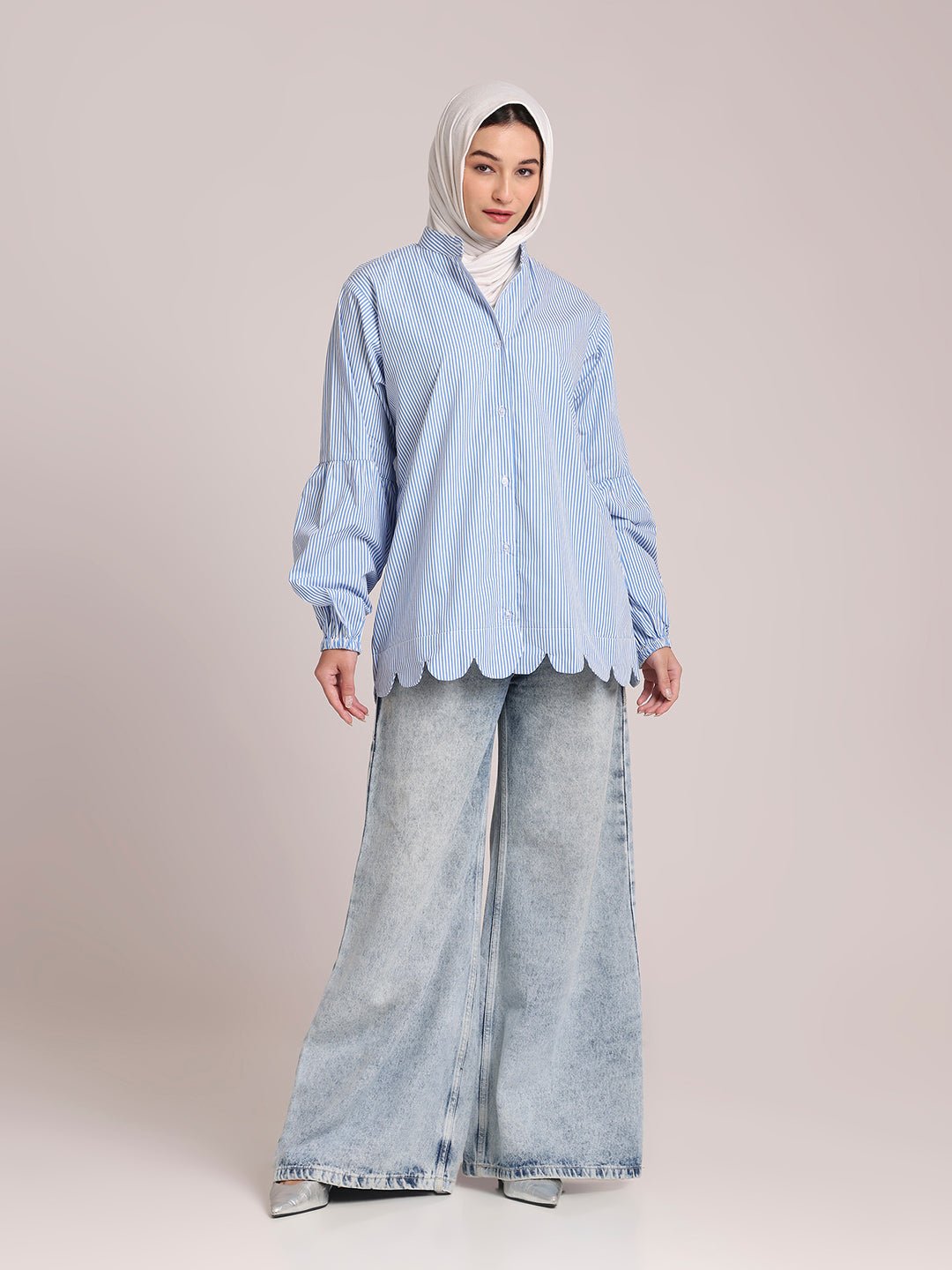 Cotton Blue Striped Scallops Shirt/Top for Women