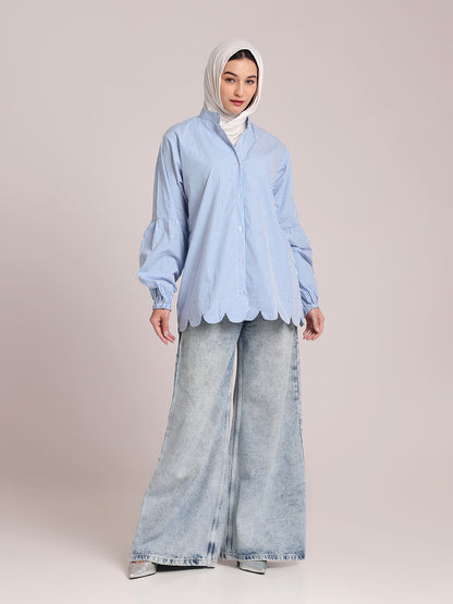 Cotton Blue Striped Scallops Shirt/Top for Women