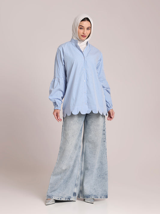 Cotton Blue Striped Scallops Shirt/Top for Women