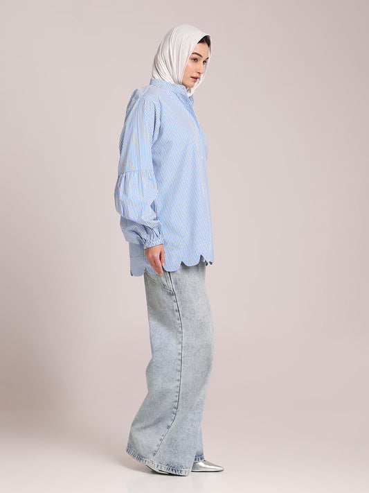 Cotton Blue Striped Scallops Shirt/Top for Women
