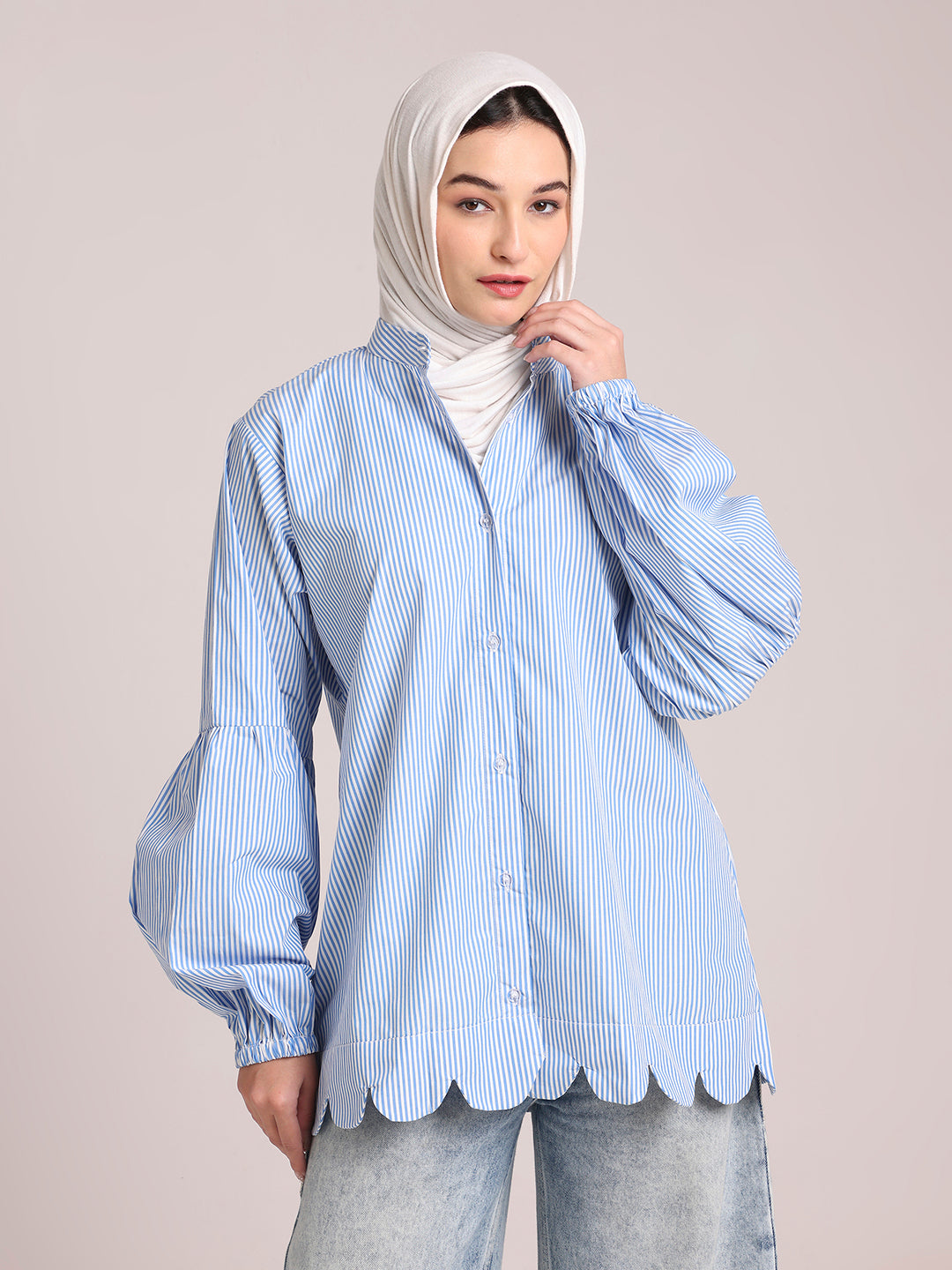 Cotton Blue Striped Scallops Shirt/Top for Women