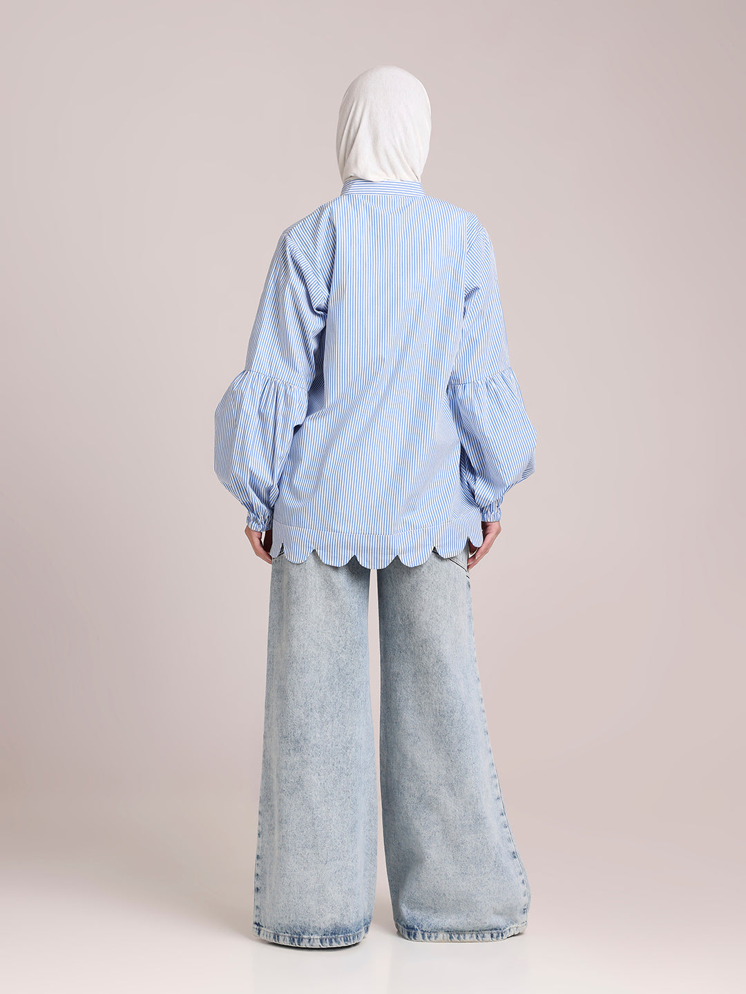 Cotton Blue Striped Scallops Shirt/Top for Women