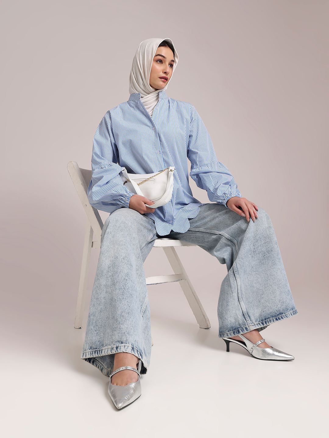 Cotton Blue Striped Scallops Shirt/Top for Women