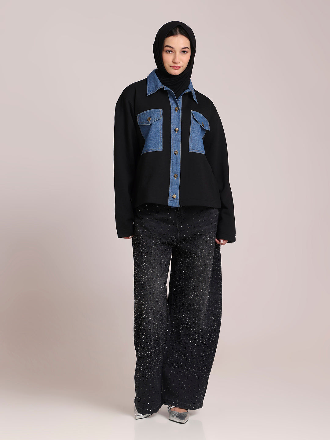 Fleece Denim Black Jacket for Women – Winter Wear