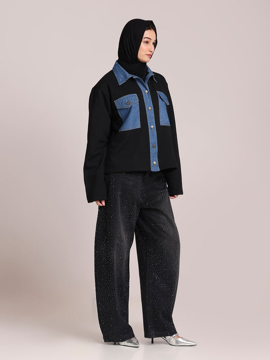 Fleece Denim Black Jacket for Women – Winter Wear