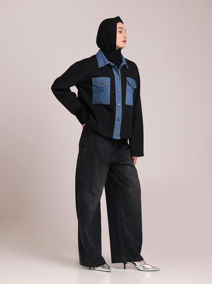 Fleece Denim Black Jacket for Women – Winter Wear