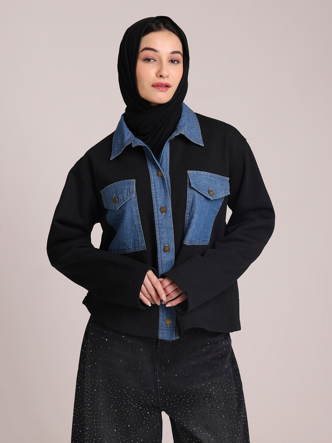 Fleece Denim Black Jacket for Women – Winter Wear