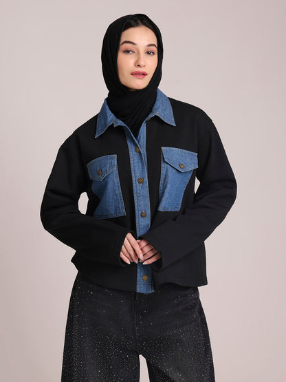 Fleece Denim Black Jacket for Women – Winter Wear