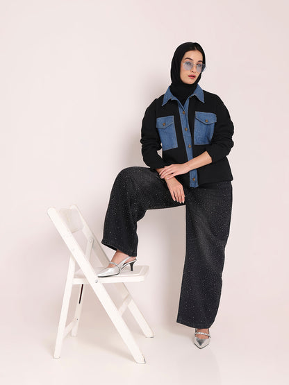 Fleece Denim Black Jacket for Women – Winter Wear