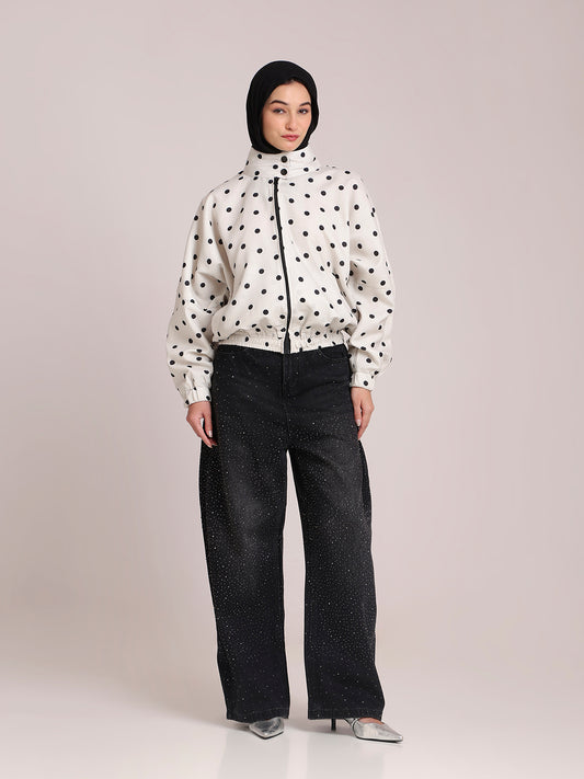 Polka Printed White Jacket for Women