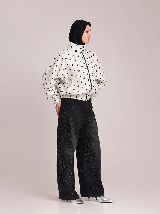 Polka Printed White Jacket for Women