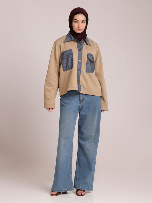 Fleece Denim Beige Jacket for Women – Winter Wear