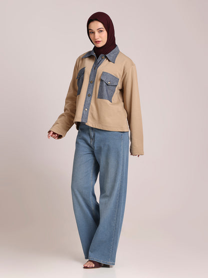 Fleece Denim Beige Jacket for Women – Winter Wear
