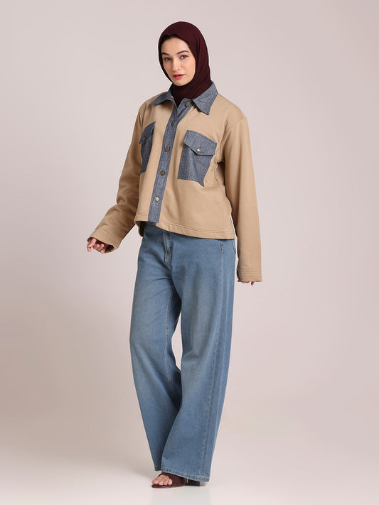 Fleece Denim Beige Jacket for Women – Winter Wear