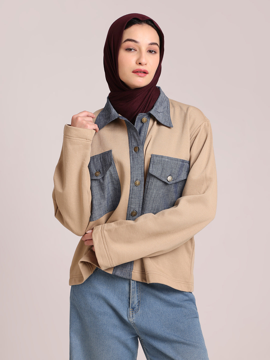 Fleece Denim Beige Jacket for Women – Winter Wear