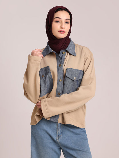 Fleece Denim Beige Jacket for Women – Winter Wear