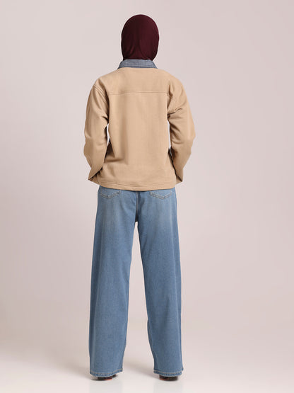Fleece Denim Beige Jacket for Women – Winter Wear