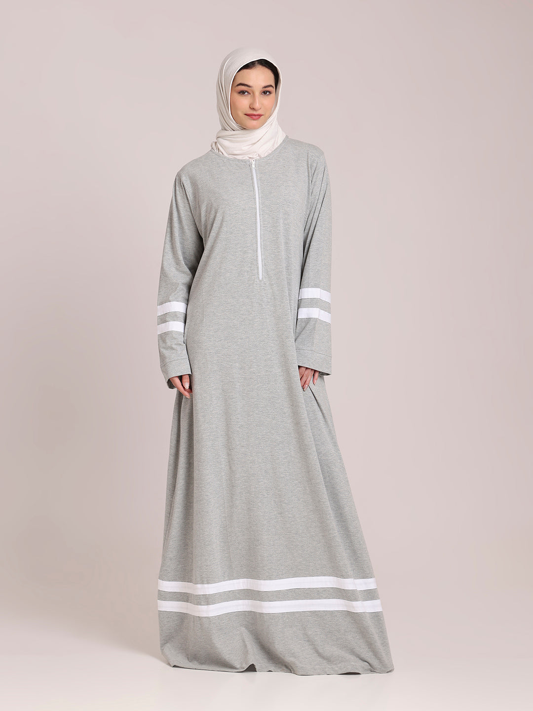 Women’s Grey Jersey Abaya with White Georgette Hijab – Modest Wear