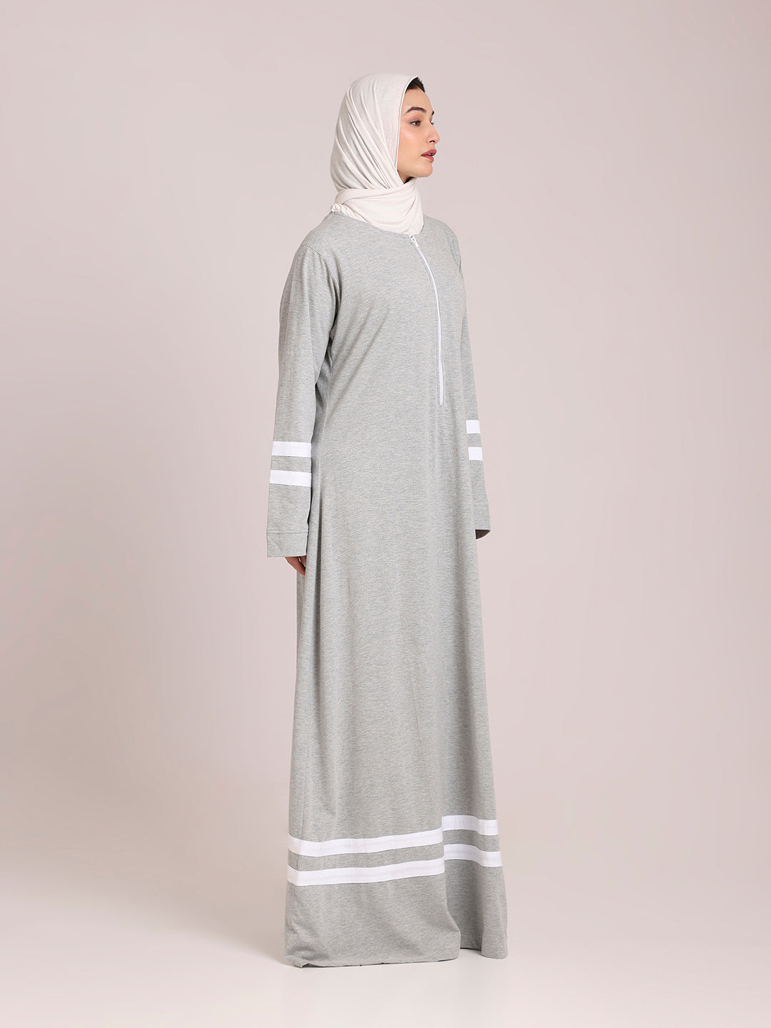 Women’s Grey Jersey Abaya with White Georgette Hijab – Modest Wear