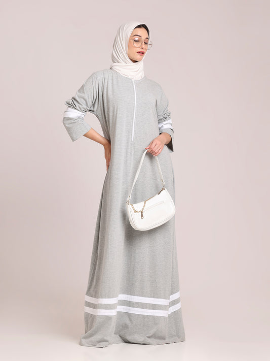 Women’s Grey Jersey Abaya with White Georgette Hijab – Modest Wear