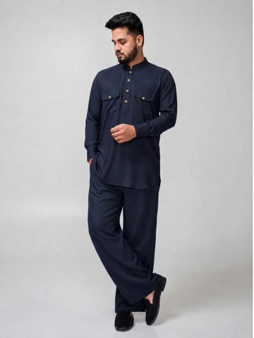 Nabia Men’s Navy Blue Solid Farsi Kurta Pants Set
